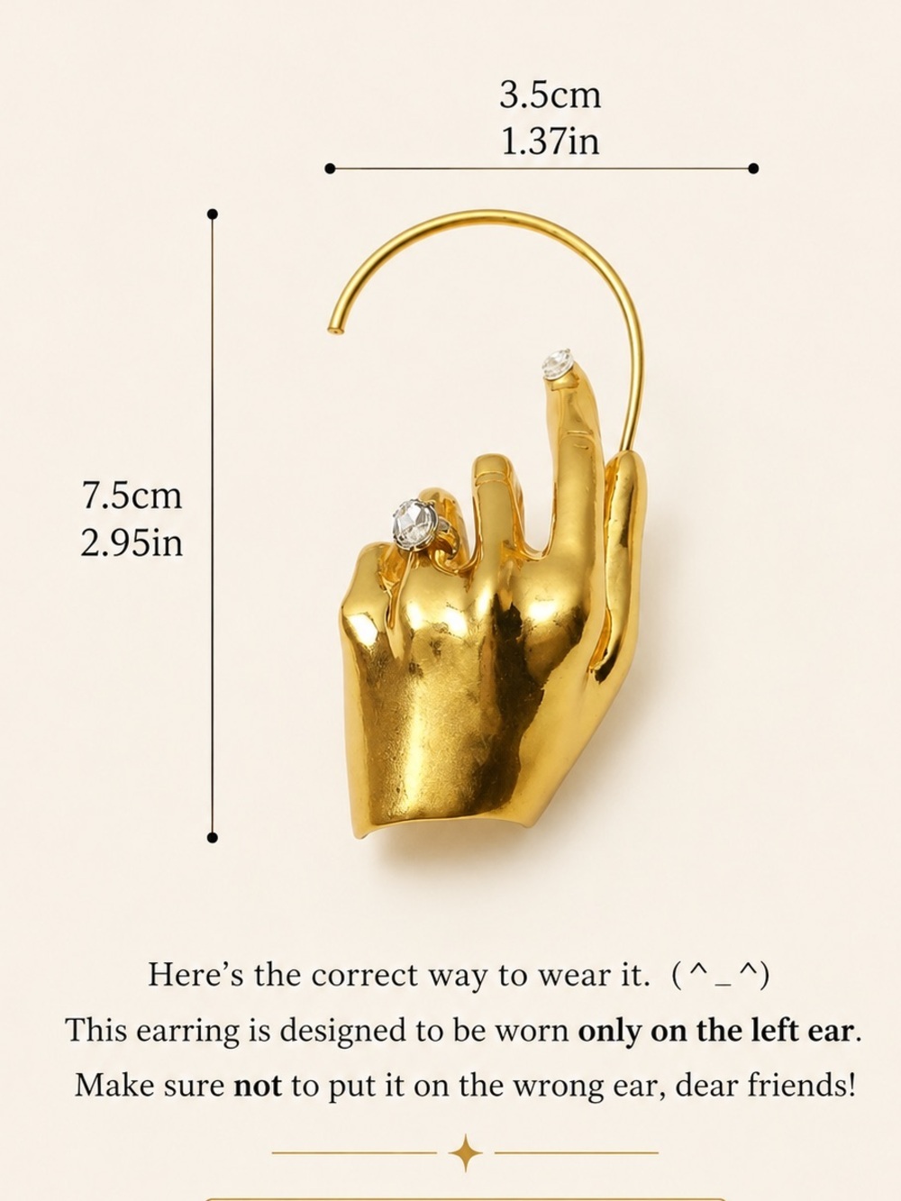 Gold Surrealistic Sculptural Hand Ear Cuff with Crystal Accent - Picture 6 of 6